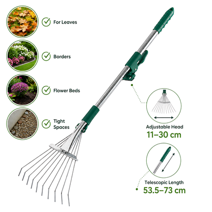 Mini Garden Leaf Rake, Adjustable 11-30cm Head, 53.5-73cm Total Length for Leaves, Borders, Flower Beds and Tight Spaces