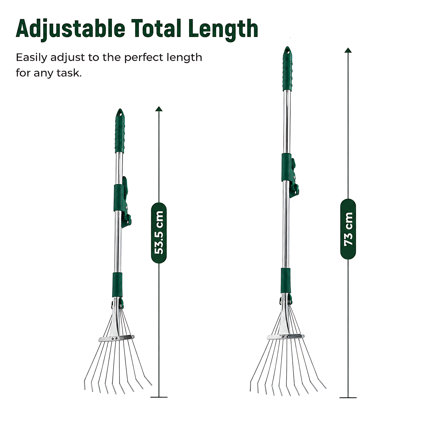 Mini Garden Leaf Rake, Adjustable 11-30cm Head, 53.5-73cm Total Length for Leaves, Borders, Flower Beds and Tight Spaces