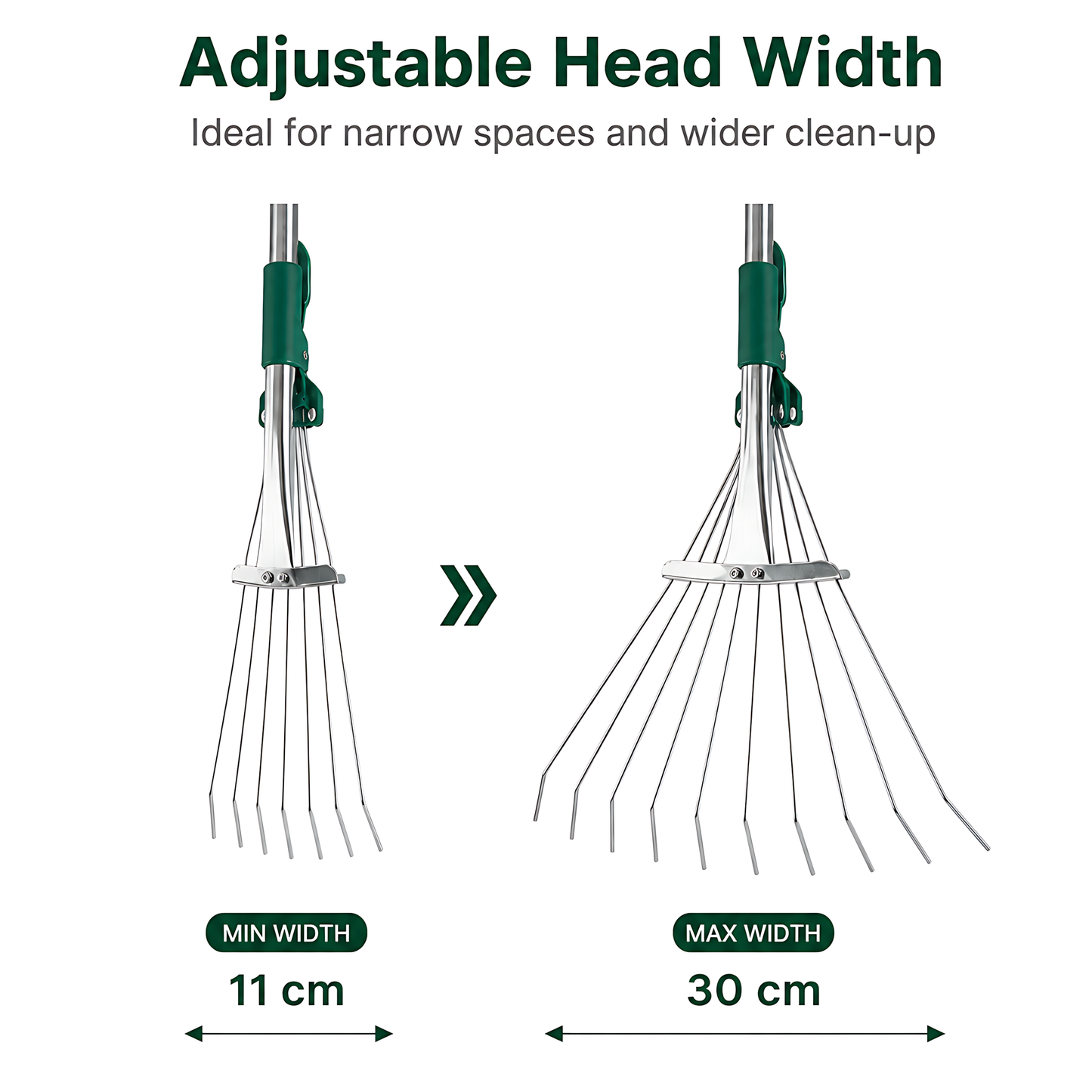 Mini Garden Leaf Rake, Adjustable 11-30cm Head, 53.5-73cm Total Length for Leaves, Borders, Flower Beds and Tight Spaces
