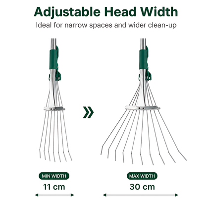 Mini Garden Leaf Rake, Adjustable 11-30cm Head, 53.5-73cm Total Length for Leaves, Borders, Flower Beds and Tight Spaces