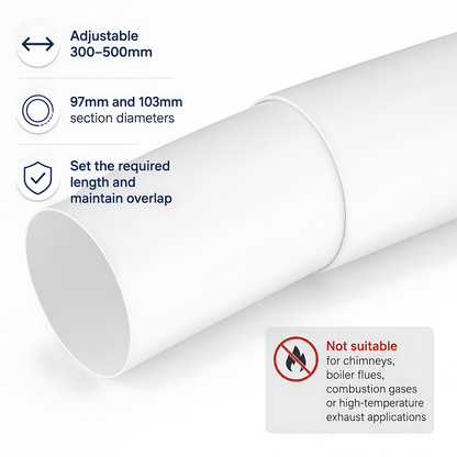Telescopic Round PVC Ventilation Duct 100mm, 300-500mm for Extractor Fans - 97mm and 103mm Section Diameters, Adjustable Length