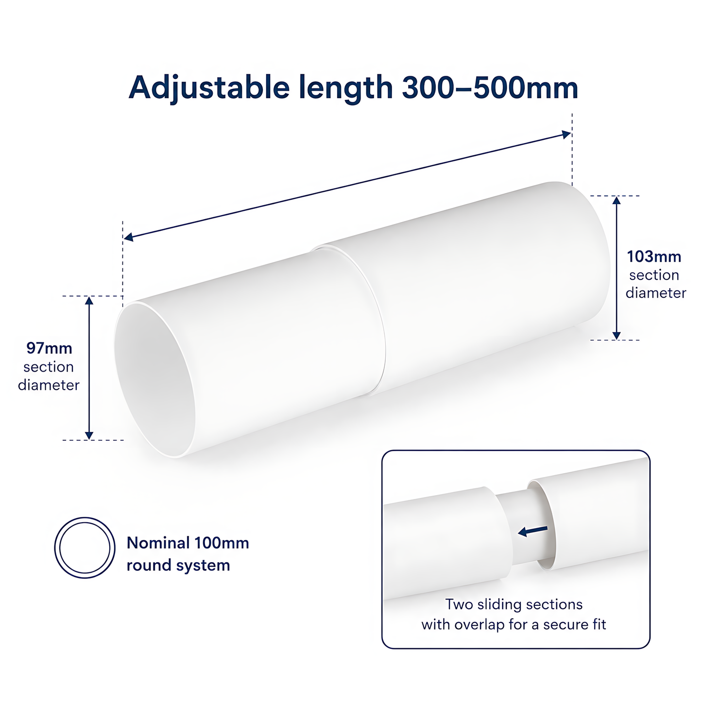 Telescopic Round PVC Ventilation Duct 100mm, 300-500mm for Extractor Fans - 97mm and 103mm Section Diameters, Adjustable Length