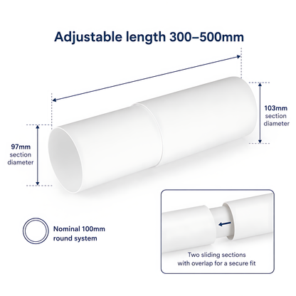 Telescopic Round PVC Ventilation Duct 100mm, 300-500mm for Extractor Fans - 97mm and 103mm Section Diameters, Adjustable Length