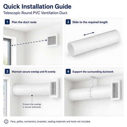 Telescopic Round PVC Ventilation Duct 100mm, 300-500mm for Extractor Fans - 97mm and 103mm Section Diameters, Adjustable Length