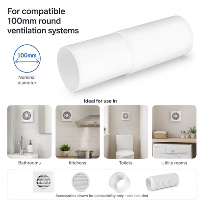 Telescopic Round PVC Ventilation Duct 100mm, 300-500mm for Extractor Fans - 97mm and 103mm Section Diameters, Adjustable Length