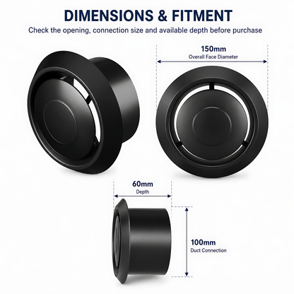 Round Ceiling Air Vent Diffuser 100mm with Adjustable Airflow Plate, Black - 150mm Face Diameter, 60mm Depth, PS Construction