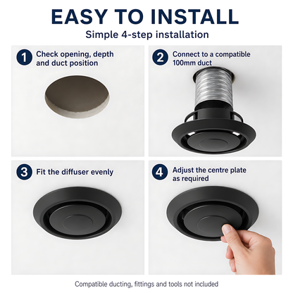 Round Ceiling Air Vent Diffuser 100mm with Adjustable Airflow Plate, Black - 150mm Face Diameter, 60mm Depth, PS Construction