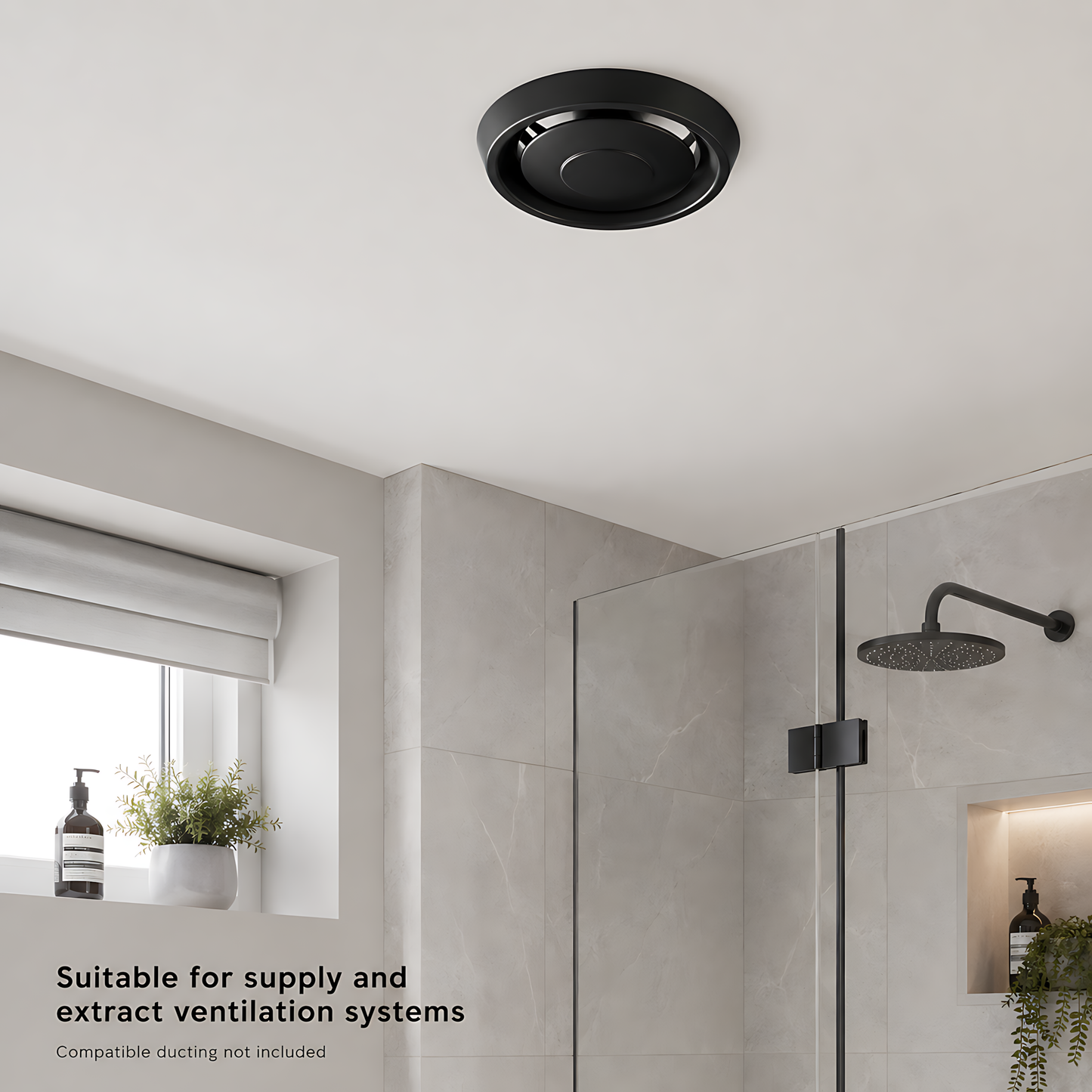 Round Ceiling Air Vent Diffuser 100mm with Adjustable Airflow Plate, Black - 150mm Face Diameter, 60mm Depth, PS Construction