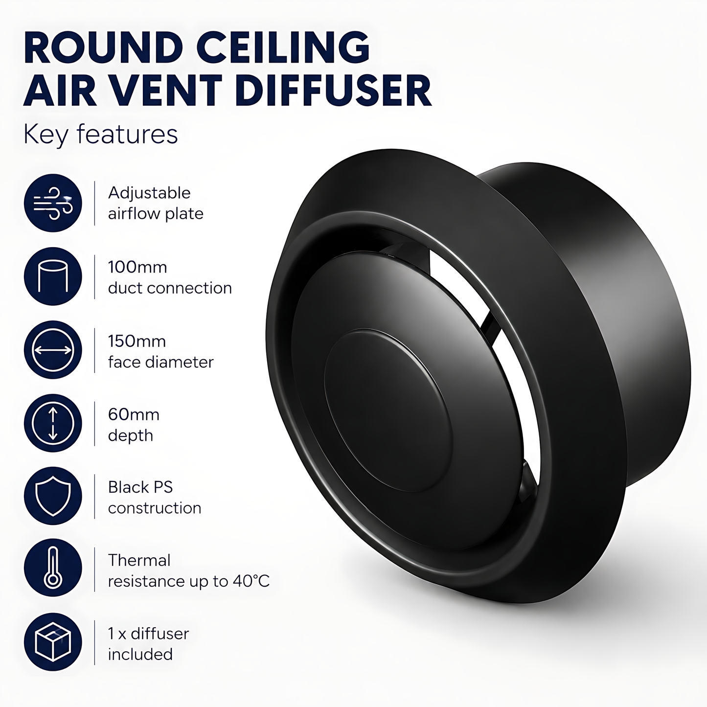 Round Ceiling Air Vent Diffuser 100mm with Adjustable Airflow Plate, Black - 150mm Face Diameter, 60mm Depth, PS Construction
