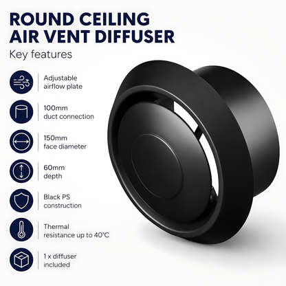 Round Ceiling Air Vent Diffuser 100mm with Adjustable Airflow Plate, Black - 150mm Face Diameter, 60mm Depth, PS Construction