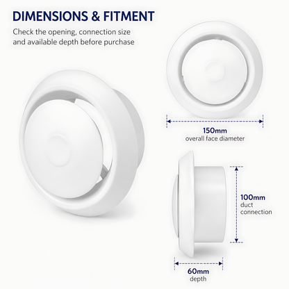 Round Ceiling Air Vent Diffuser 100mm with Adjustable Airflow Plate, White - 150mm Face Diameter, 60mm Depth, PS Construction