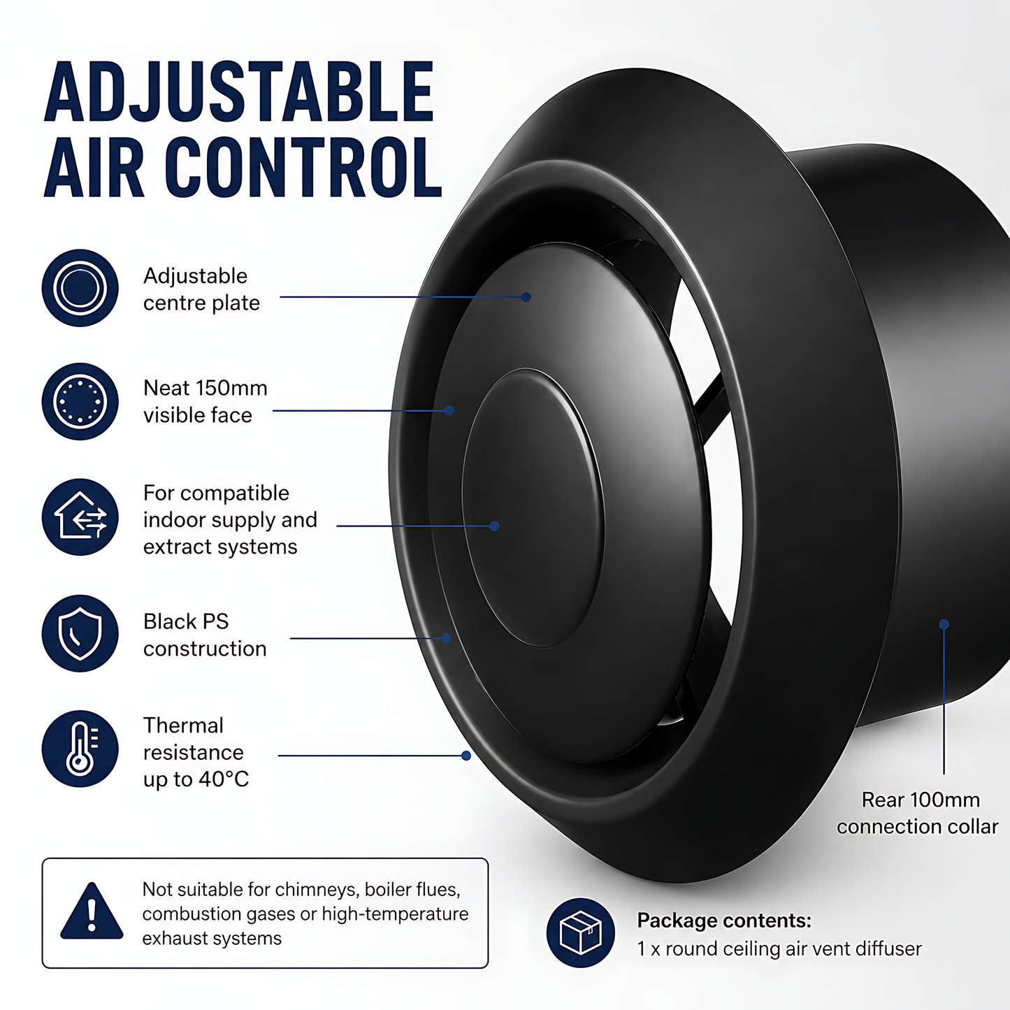 Round Ceiling Air Vent Diffuser 100mm with Adjustable Airflow Plate, Black - 150mm Face Diameter, 60mm Depth, PS Construction