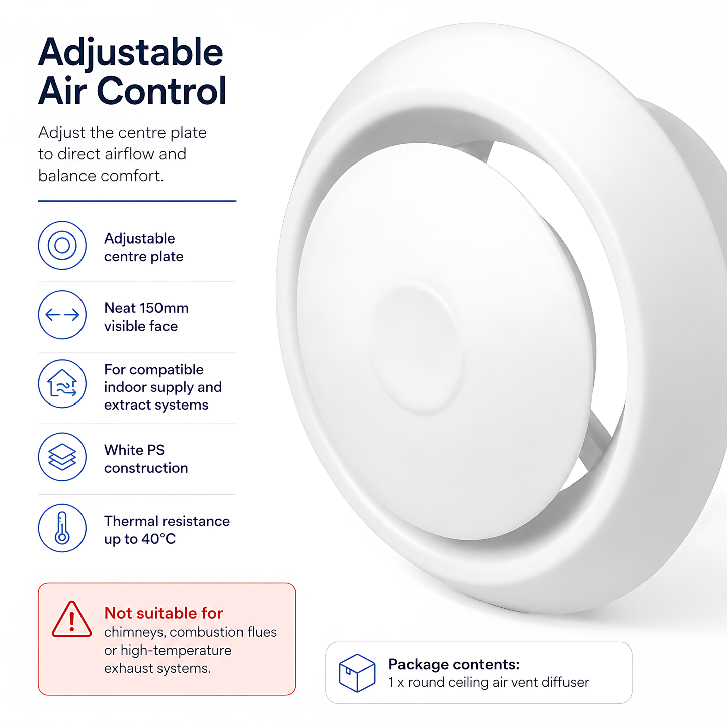 Round Ceiling Air Vent Diffuser 100mm with Adjustable Airflow Plate, White - 150mm Face Diameter, 60mm Depth, PS Construction