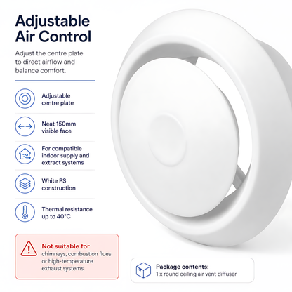 Round Ceiling Air Vent Diffuser 100mm with Adjustable Airflow Plate, White - 150mm Face Diameter, 60mm Depth, PS Construction