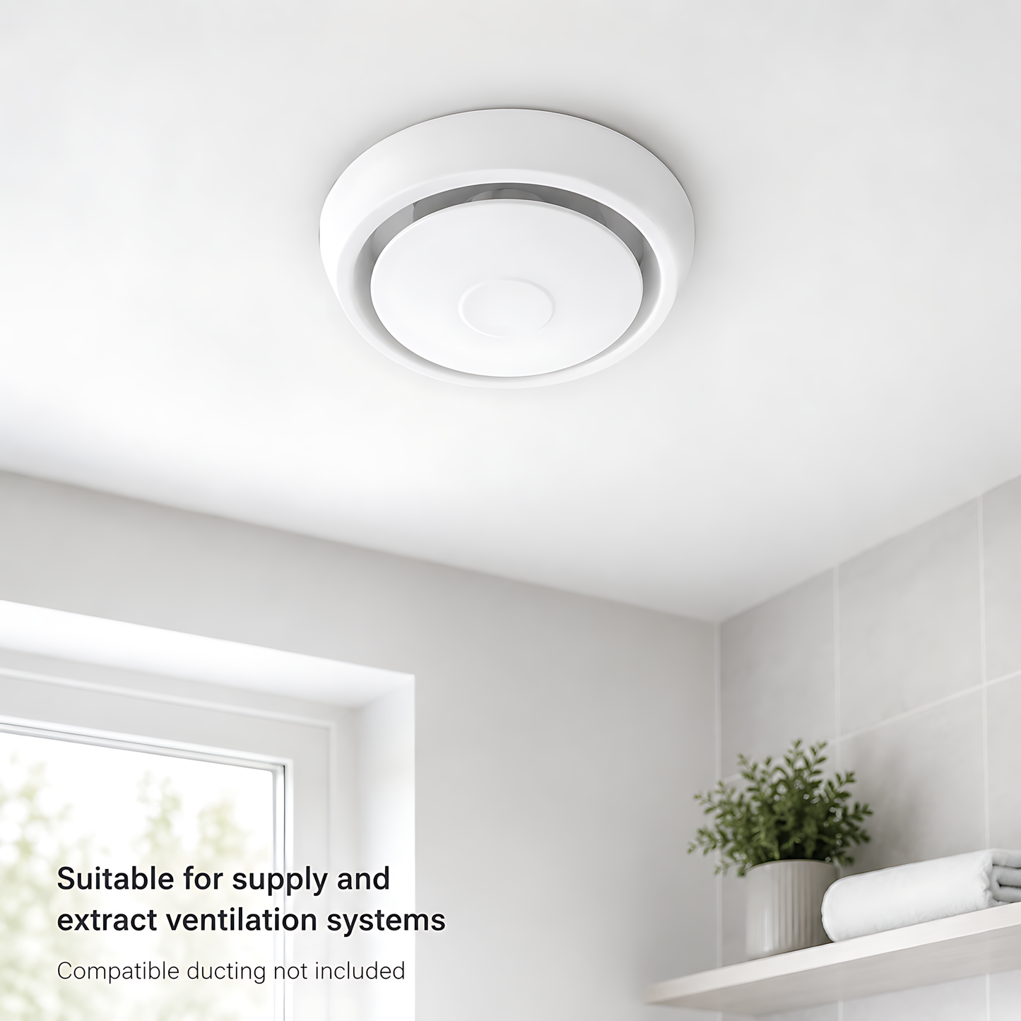 Round Ceiling Air Vent Diffuser 100mm with Adjustable Airflow Plate, White - 150mm Face Diameter, 60mm Depth, PS Construction