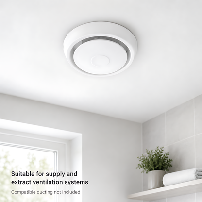 Round Ceiling Air Vent Diffuser 100mm with Adjustable Airflow Plate, White - 150mm Face Diameter, 60mm Depth, PS Construction