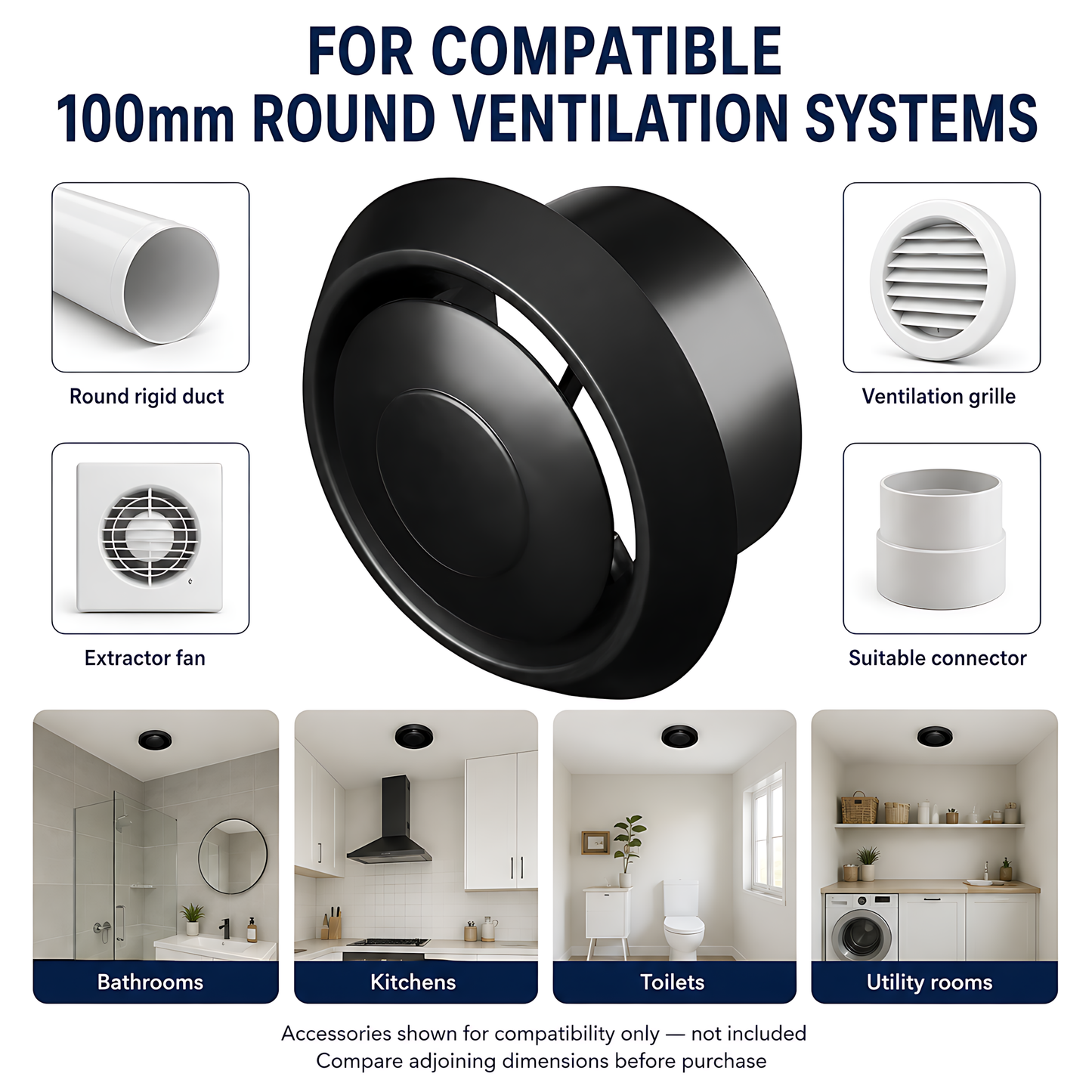 Round Ceiling Air Vent Diffuser 100mm with Adjustable Airflow Plate, Black - 150mm Face Diameter, 60mm Depth, PS Construction