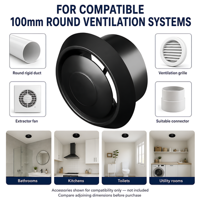 Round Ceiling Air Vent Diffuser 100mm with Adjustable Airflow Plate, Black - 150mm Face Diameter, 60mm Depth, PS Construction