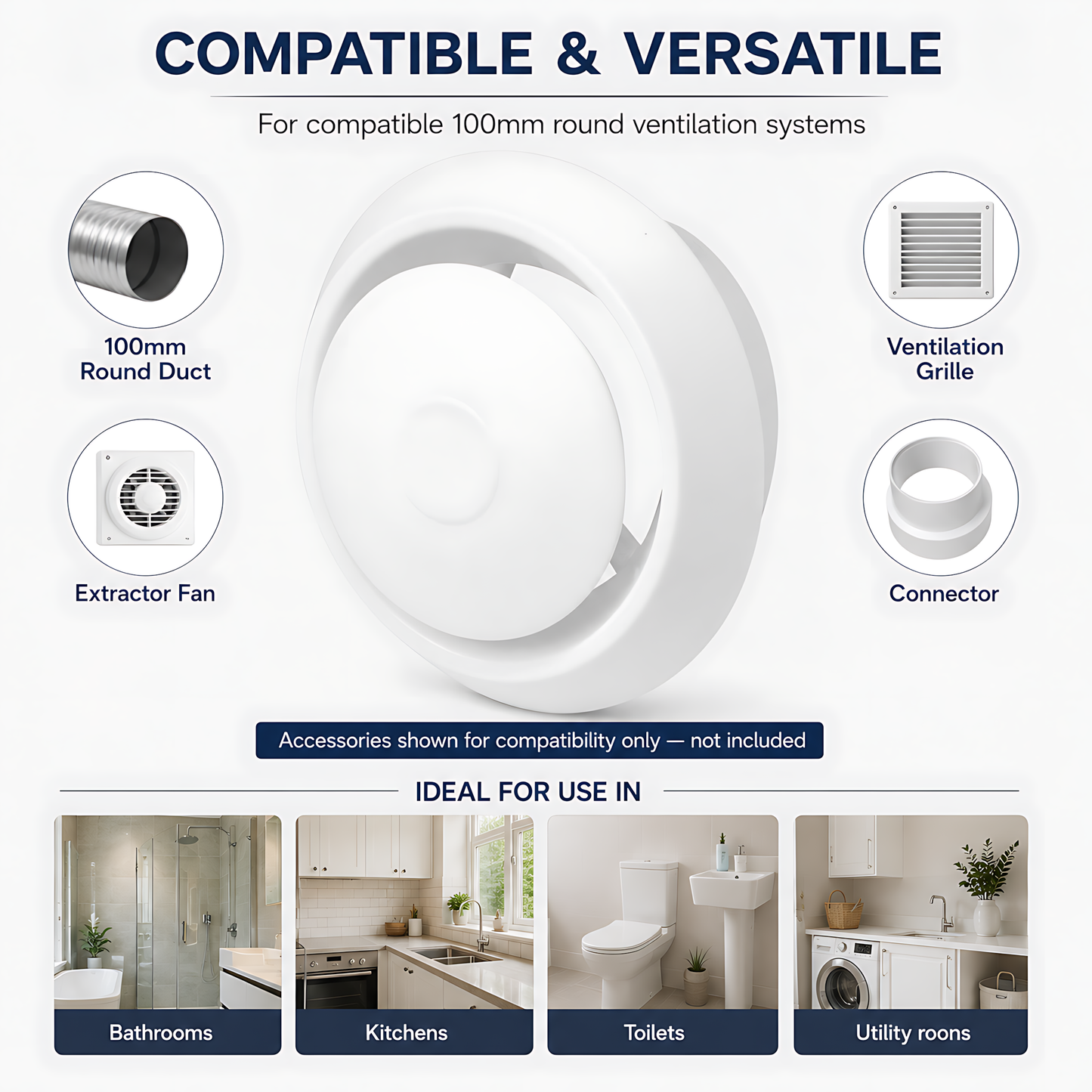 Round Ceiling Air Vent Diffuser 100mm with Adjustable Airflow Plate, White - 150mm Face Diameter, 60mm Depth, PS Construction