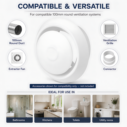 Round Ceiling Air Vent Diffuser 100mm with Adjustable Airflow Plate, White - 150mm Face Diameter, 60mm Depth, PS Construction