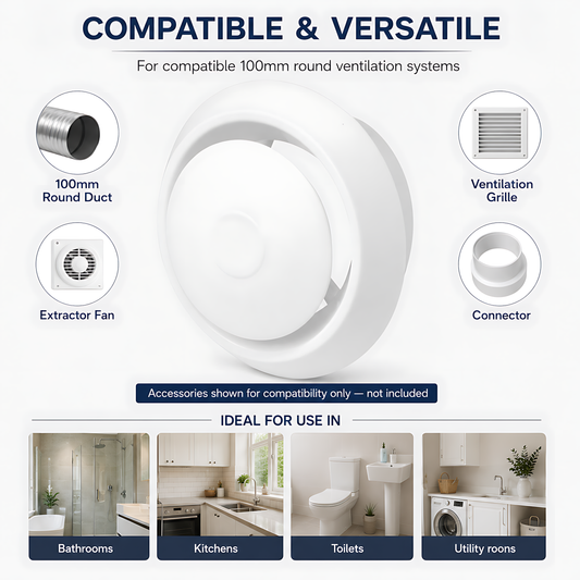 Round Ceiling Air Vent Diffuser 100mm with Adjustable Airflow Plate, White - 150mm Face Diameter, 60mm Depth, PVC Construction