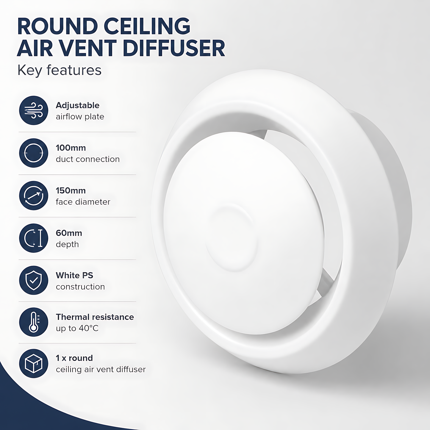 Round Ceiling Air Vent Diffuser 100mm with Adjustable Airflow Plate, White - 150mm Face Diameter, 60mm Depth, PS Construction