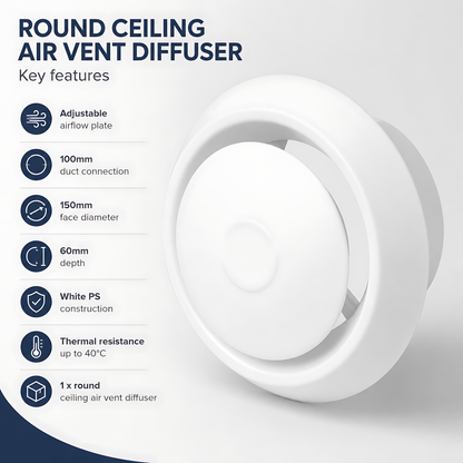 Round Ceiling Air Vent Diffuser 100mm with Adjustable Airflow Plate, White - 150mm Face Diameter, 60mm Depth, PS Construction