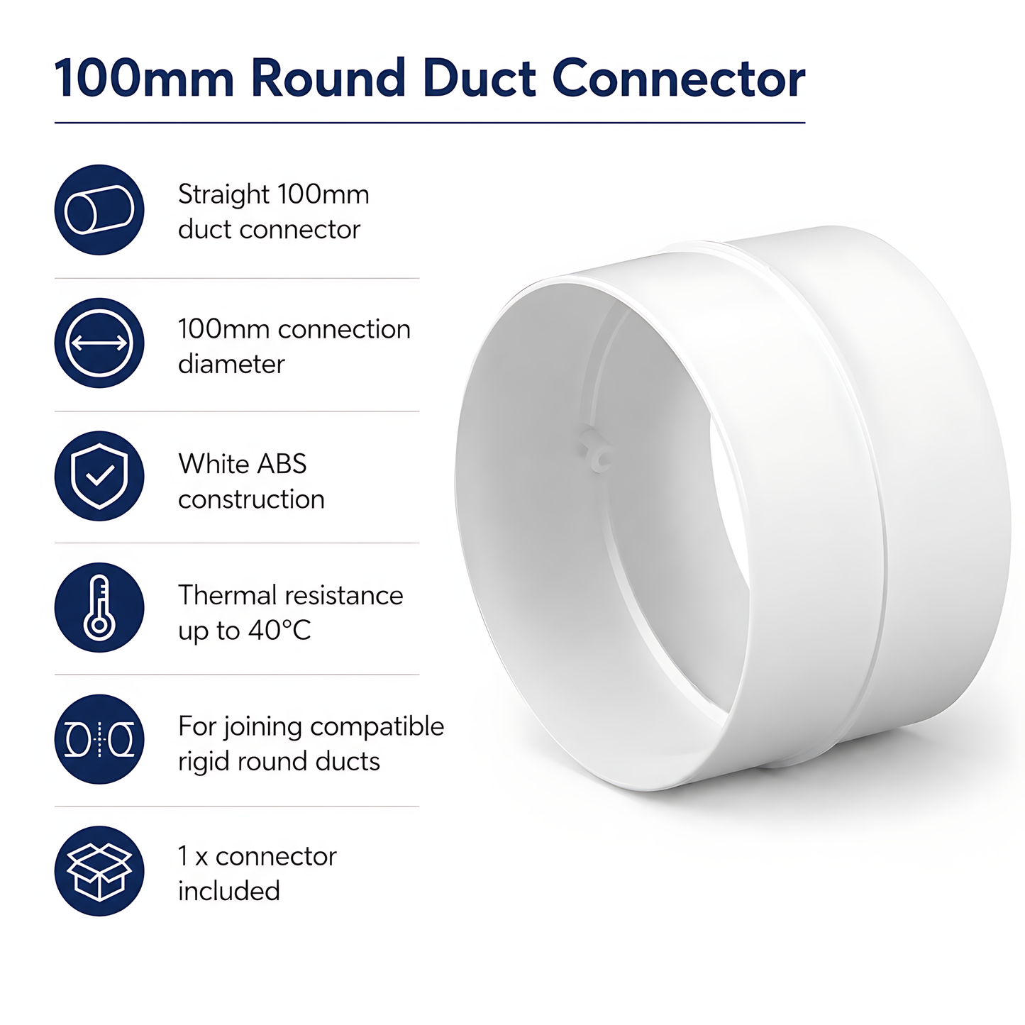 Rigid Round Ventilation Duct Connector 100mm for Extractor Fans, White - 100mm Straight Coupling, 40 C Thermal Resistance