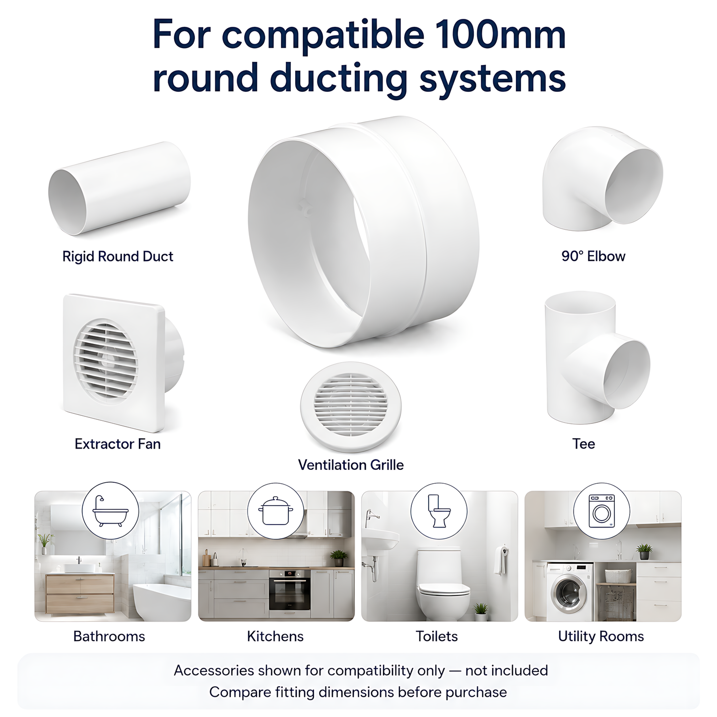 Rigid Round Ventilation Duct Connector 100mm for Extractor Fans, White - 100mm Straight Coupling, 40 C Thermal Resistance