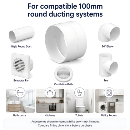 Rigid Round Ventilation Duct Connector 100mm for Extractor Fans, White - 100mm Straight Coupling, 40 C Thermal Resistance