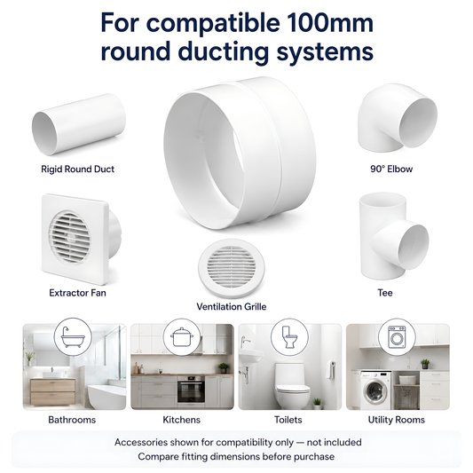 Rigid Round Ventilation Duct Connector 100mm for Extractor Fans, White - 100mm Straight Coupling, 50°C Thermal Resistance