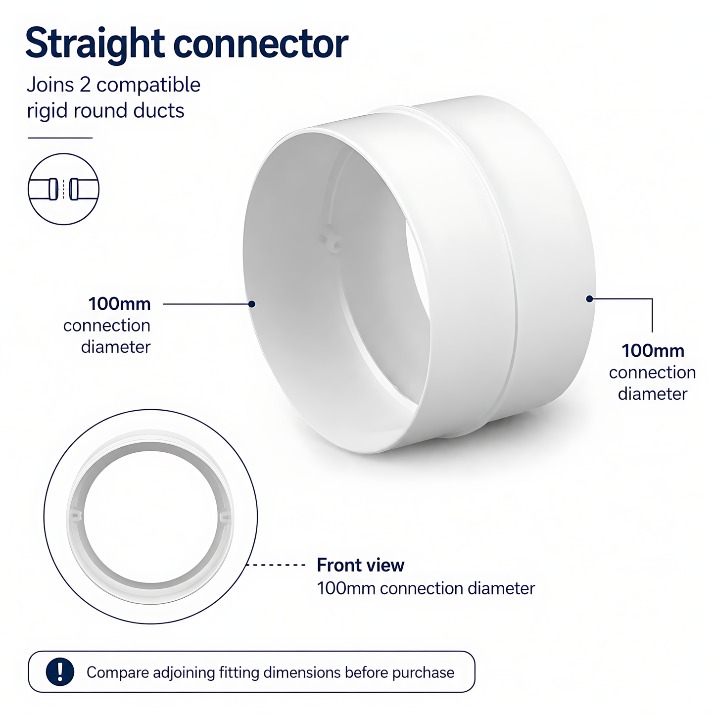 Rigid Round Ventilation Duct Connector 100mm for Extractor Fans, White - 100mm Straight Coupling, 40 C Thermal Resistance