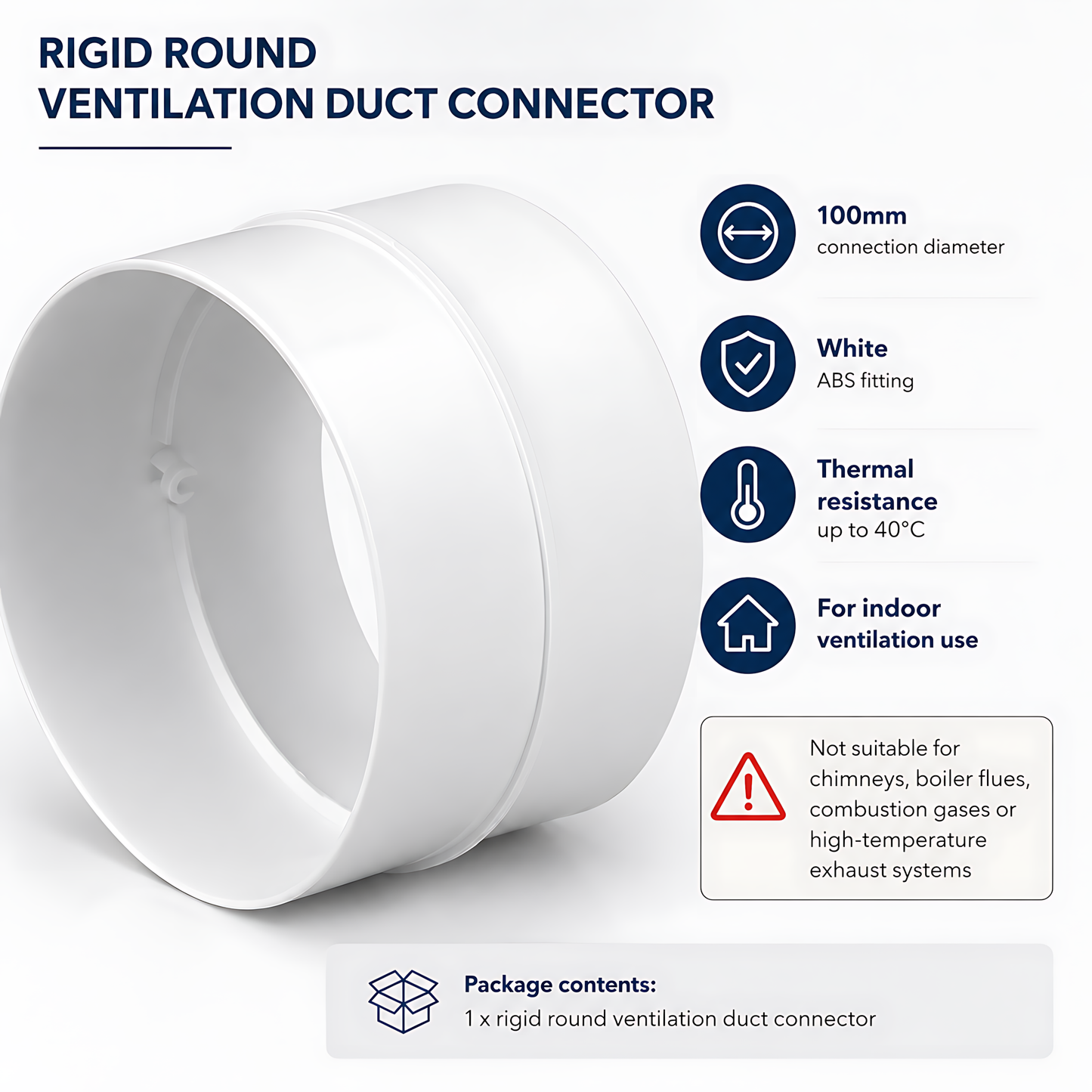 Rigid Round Ventilation Duct Connector 100mm for Extractor Fans, White - 100mm Straight Coupling, 40 C Thermal Resistance