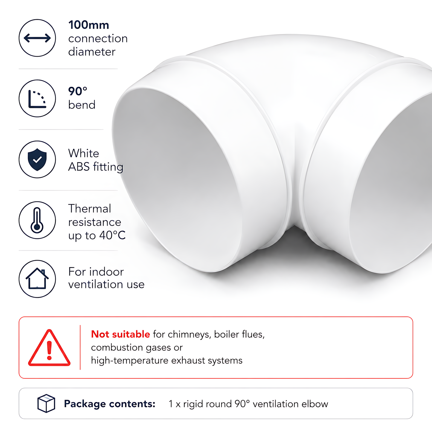 Rigid Round Ventilation Duct Elbow 100mm, 90 Degree Bend for Extractor Fans - 100mm Connection Diameter, 90 Degree Airflow Change