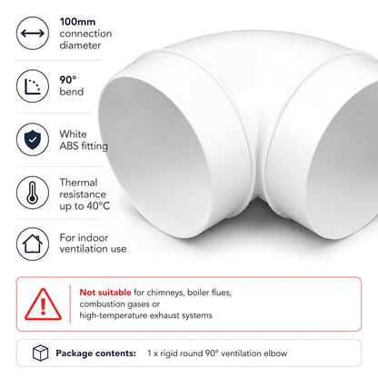 Rigid Round Ventilation Duct Elbow 100mm, 90 Degree Bend for Extractor Fans - 100mm Connection Diameter, 90 Degree Airflow Change