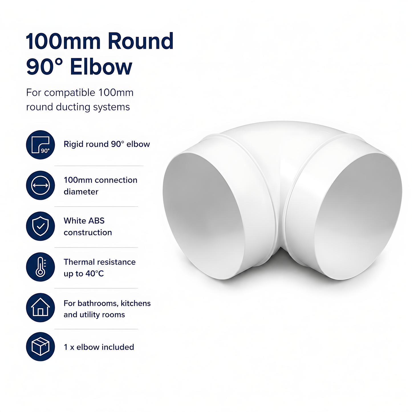 Rigid Round Ventilation Duct Elbow 100mm, 90 Degree Bend for Extractor Fans - 100mm Connection Diameter, 90 Degree Airflow Change