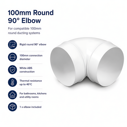 Rigid Round Ventilation Duct Elbow 100mm, 90 Degree Bend for Extractor Fans - 100mm Connection Diameter, 90 Degree Airflow Change