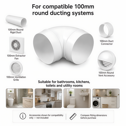 Rigid Round Ventilation Duct Elbow 100mm, 90 Degree Bend for Extractor Fans - 100mm Connection Diameter, 90 Degree Airflow Change