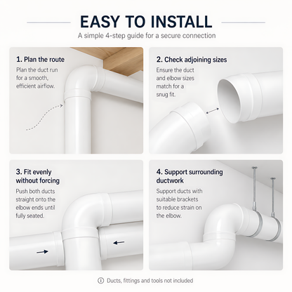 Rigid Round Ventilation Duct Elbow 100mm, 90 Degree Bend for Extractor Fans - 100mm Connection Diameter, 90 Degree Airflow Change