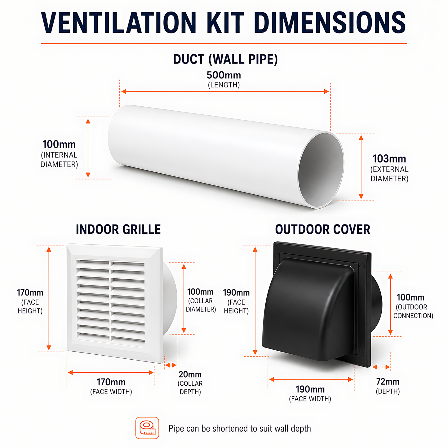 100mm Through-Wall Ventilation Kit with 500mm Duct and Backdraft Damper for Bathrooms, Kitchens, Toilets and Utility Rooms