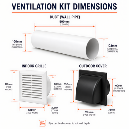 100mm Through-Wall Ventilation Kit with 500mm Duct and Backdraft Damper for Bathrooms, Kitchens, Toilets and Utility Rooms