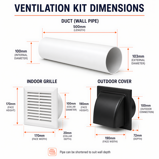 100mm Through-Wall Ventilation Kit with 500mm Duct and Backdraft Damper for Bathrooms, Kitchens, Toilets and Utility Rooms