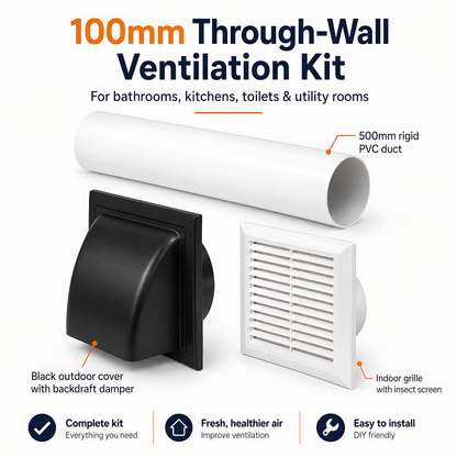 100mm Through-Wall Ventilation Kit with 500mm Duct and Backdraft Damper for Bathrooms, Kitchens, Toilets and Utility Rooms