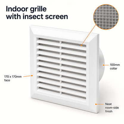 100mm Through-Wall Ventilation Kit with 500mm Duct and Backdraft Damper for Bathrooms, Kitchens, Toilets and Utility Rooms
