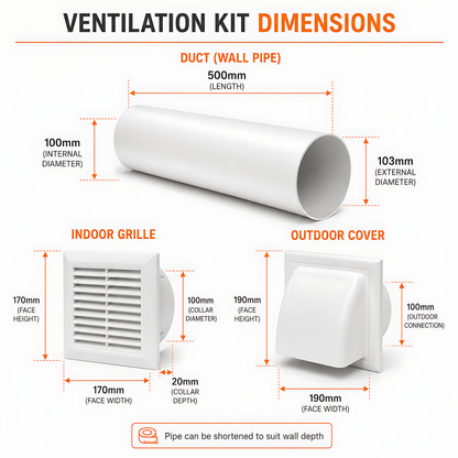 100mm Through-Wall Ventilation Kit with 500mm Duct and Vent Covers, White for Bathrooms, Kitchens, Toilets and Utility Rooms