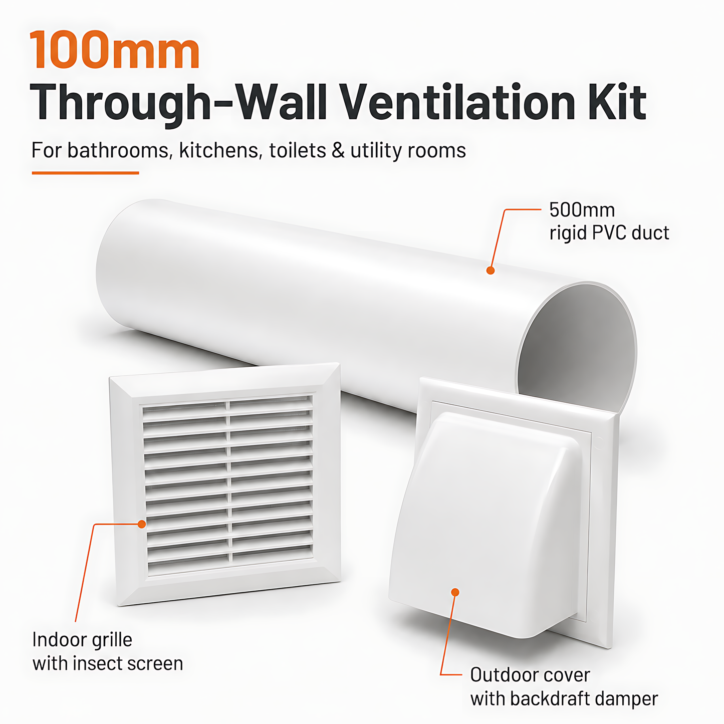 100mm Through-Wall Ventilation Kit with 500mm Duct and Vent Covers, White for Bathrooms, Kitchens, Toilets and Utility Rooms