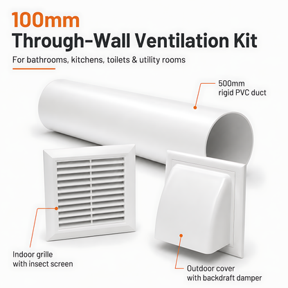 100mm Through-Wall Ventilation Kit with 500mm Duct and Vent Covers, White for Bathrooms, Kitchens, Toilets and Utility Rooms
