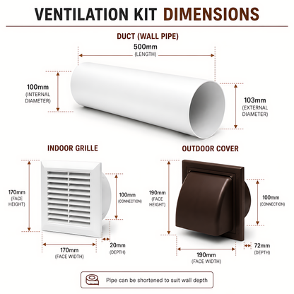 100mm Through-Wall Ventilation Kit with 500mm Duct and Backdraft Damper for Bathrooms, Kitchens, Toilets & Utility Rooms