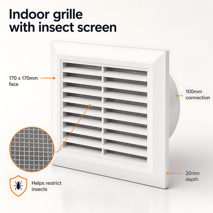 100mm Through-Wall Ventilation Kit with 500mm Duct and Backdraft Damper for Bathrooms, Kitchens, Toilets & Utility Rooms