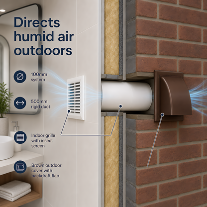 100mm Through-Wall Ventilation Kit with 500mm Duct and Backdraft Damper for Bathrooms, Kitchens, Toilets & Utility Rooms